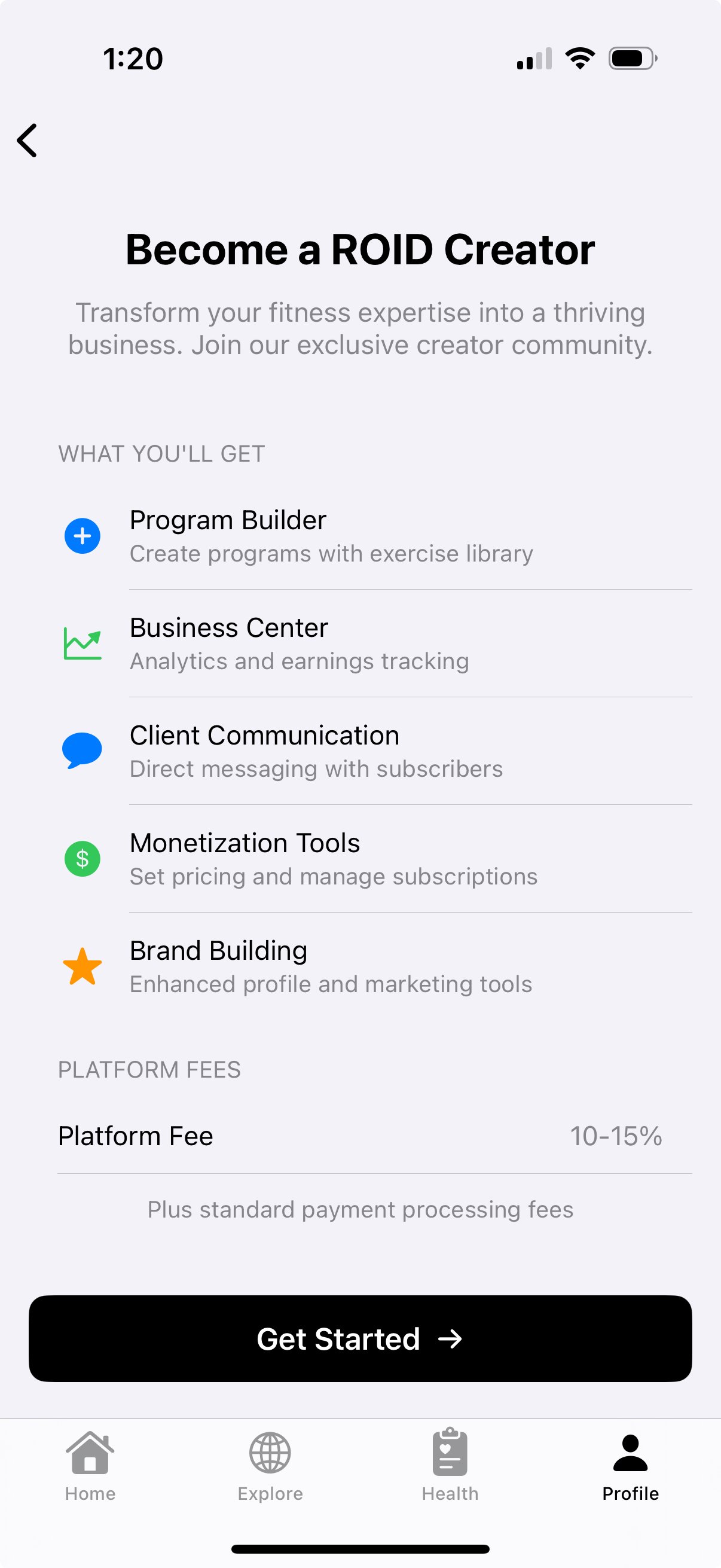 ROID Creator Profile Setup — build your fitness brand