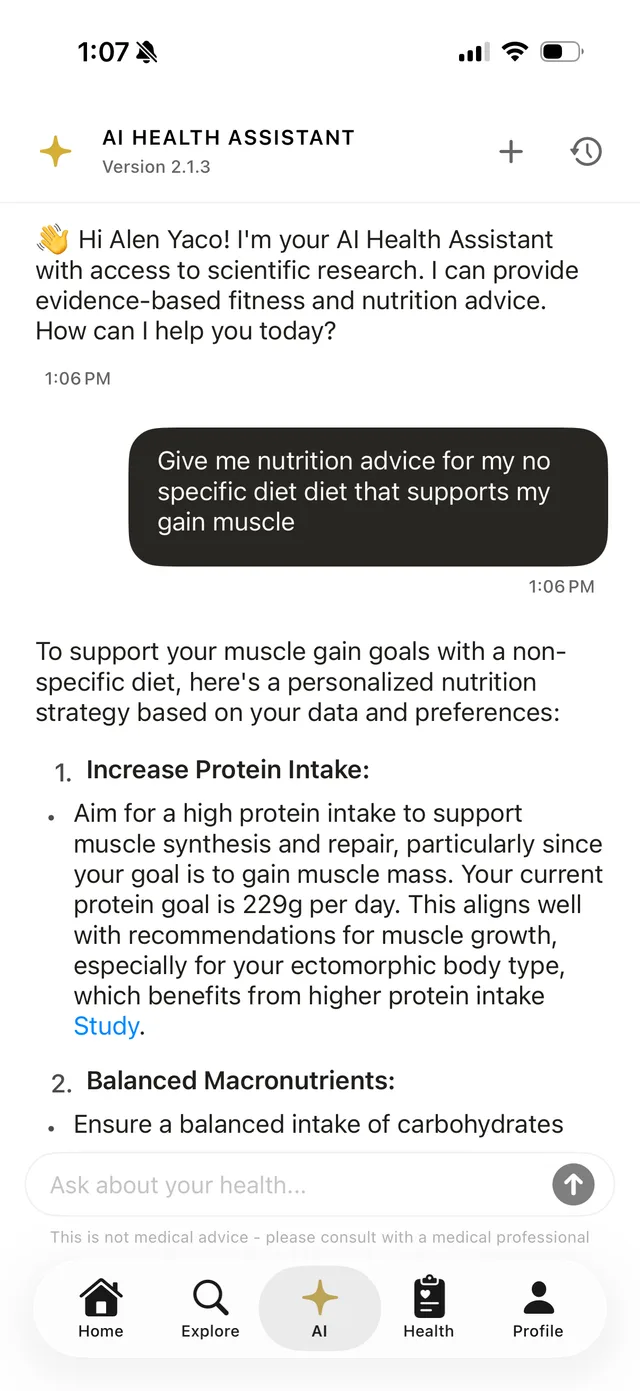 ROID AI fitness app coach giving personalized protein and muscle-gain nutrition advice from the user's data