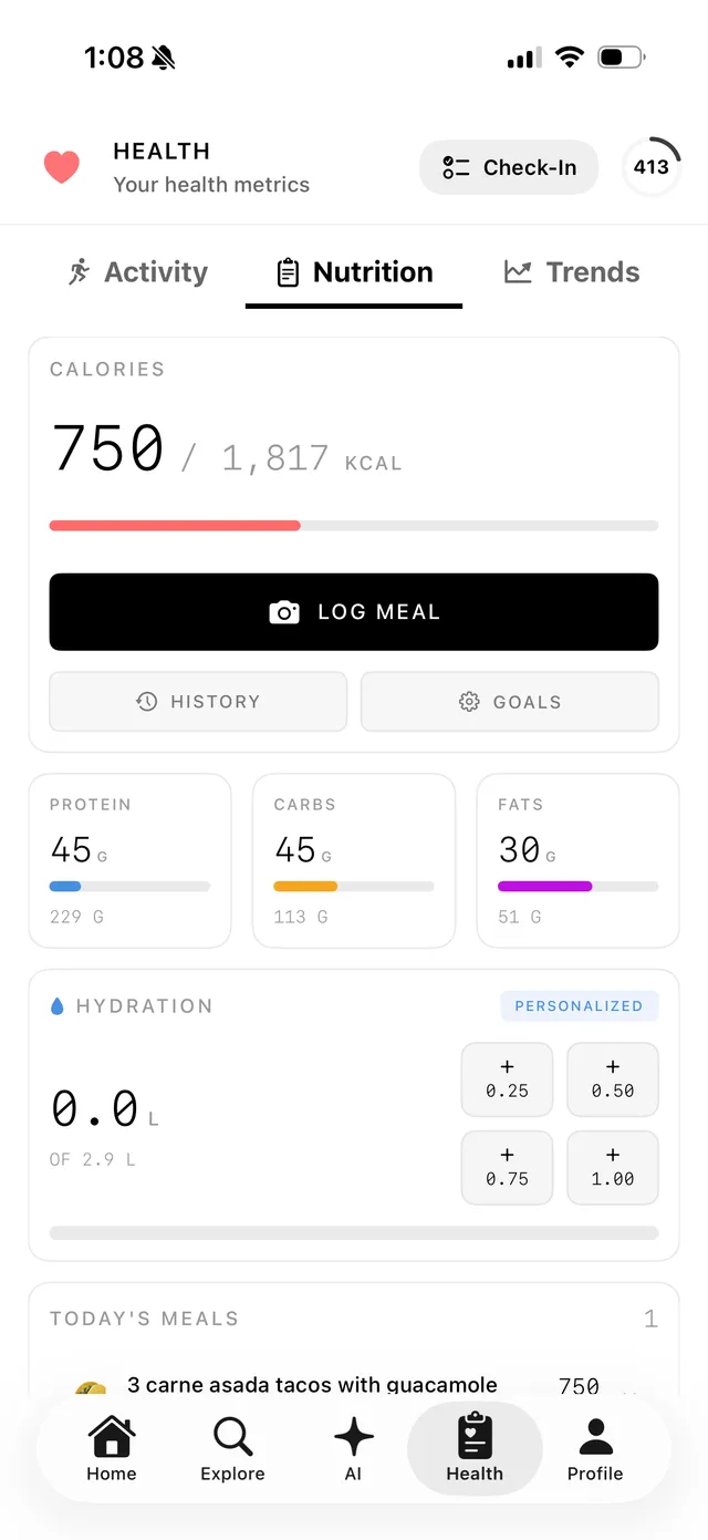 ROID free macro tracker day view showing calories plus protein, carbs, and fat totals per meal