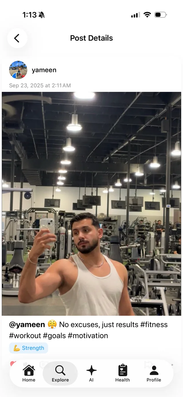 ROID workout accountability app — a member's gym progress post visible to the community