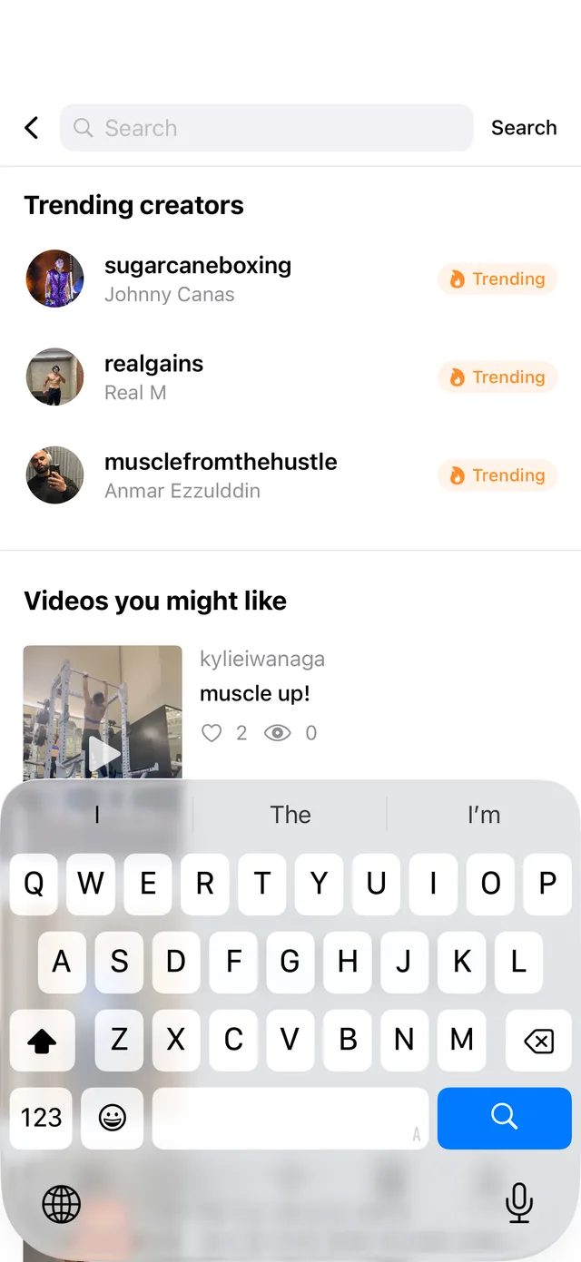 ROID gym buddy app — searching trending creators and workout partners to follow